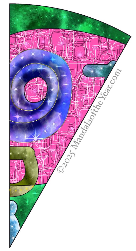 Mandala of the Year 25-10 Contentment — in Color with colors of pink, white, purple, green, and golden brown