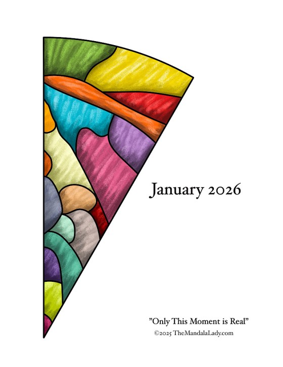 Mandala of the Year 26-01 Only This Moment is Real — in color. using procreate to digitally paint it with color pencil ‘brushes’